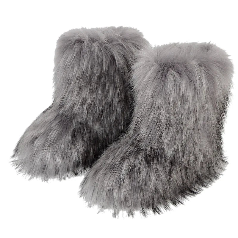 Botas de piel sintética para mujer, botas de nieve cálidas y esponjosas de felpa a media pantorrilla, botas peludas de moda de lujo, zapatos planos cómodos para exteriores