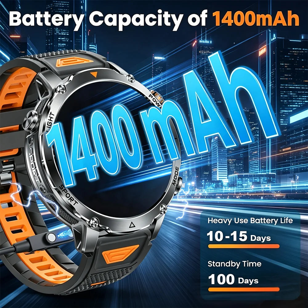Reloj inteligente militar 2026, batería de 1400 mAh, linterna exterior para hombre, resistente al agua IPX8, más de 100 deportes, llamadas Bluetooth, pulsera de fitness