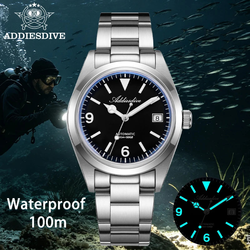 Reloj mecánico automático ADDIESDIVE AD2556 con cristal de zafiro sintético, superluminoso BGW9/C3, resistente al agua 100m, reloj para hombre de 36mm