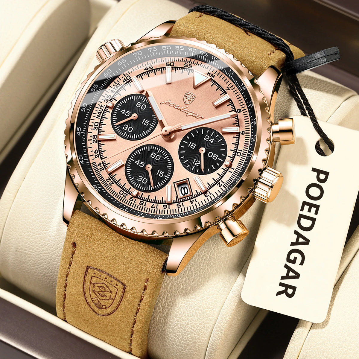 Reloj de cuarzo para hombre POEDAGAR, de lujo, para negocios, resistente al agua, luminoso, con fecha, cronógrafo y correa de piel.