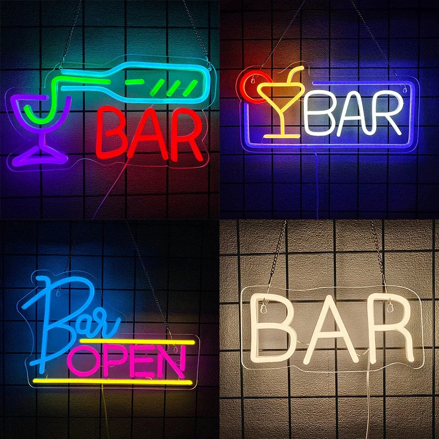 Letreros luminosos estilo neón con textos BAR, Y BAR y BAR OPEN