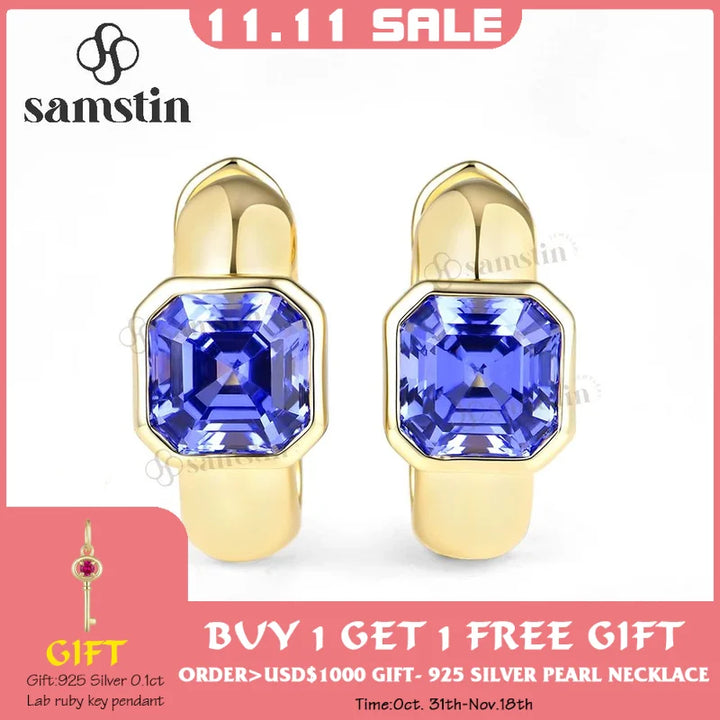 Pendientes de Aro Personalizados Samstin con 4CTW de Zafiro Azul Sintético para Mujer, Oro Amarillo Sólido de 14K 10K, para Regalos de Navidad y Fiestas