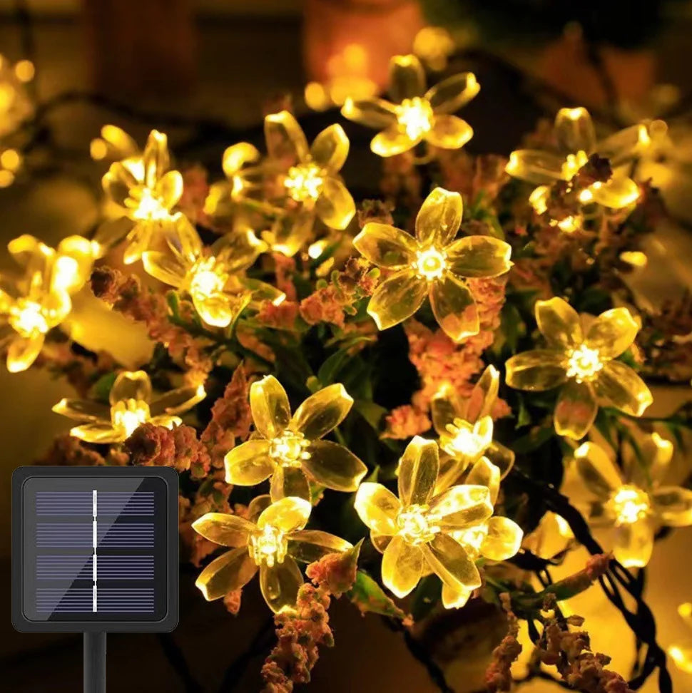 Guirnalda de luces LED solares para exteriores, flores de cerezo, 8 modos de iluminación, lámpara solar para camping, bodas y decoración navideña