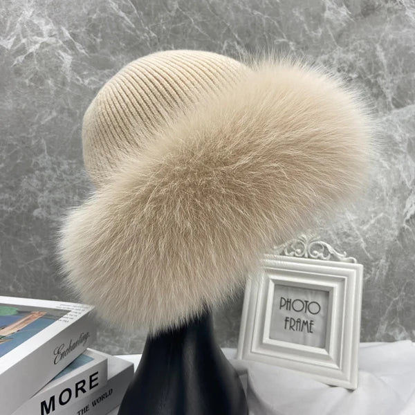 Nuevos y elegantes gorros para mujer, gorro de invierno cálido y esponjoso con hueso, gorro de piel de zorro Natural grueso y suave para exteriores, sombreros de cúpula para mujer