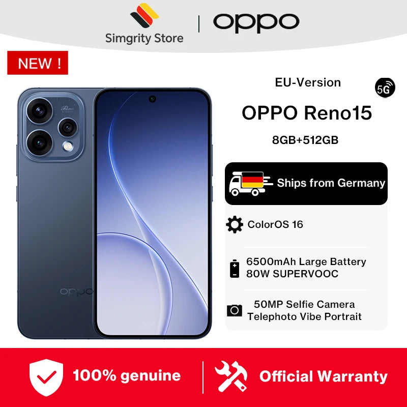 Smartphone OPPO Reno15 5G versión EU 8GB+512GB Azul, ColorOS 16.0, Snapdragon 7 Gen 4, 6500mAh, 80W, 6.59 pulgadas, 2372*1080 píxeles, cámara OIS de 50MP, NFC, Wi-Fi 6, Bluetooth 5.4, GPS, garantía oficial OnePlus