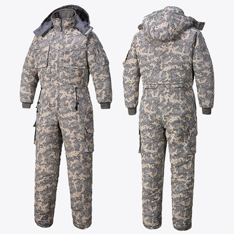 Mono impermeable de invierno para hombre y mujer, Parka de esquí de una pieza, mono, chaqueta de camuflaje para deportes al aire libre, monos cálidos con capucha