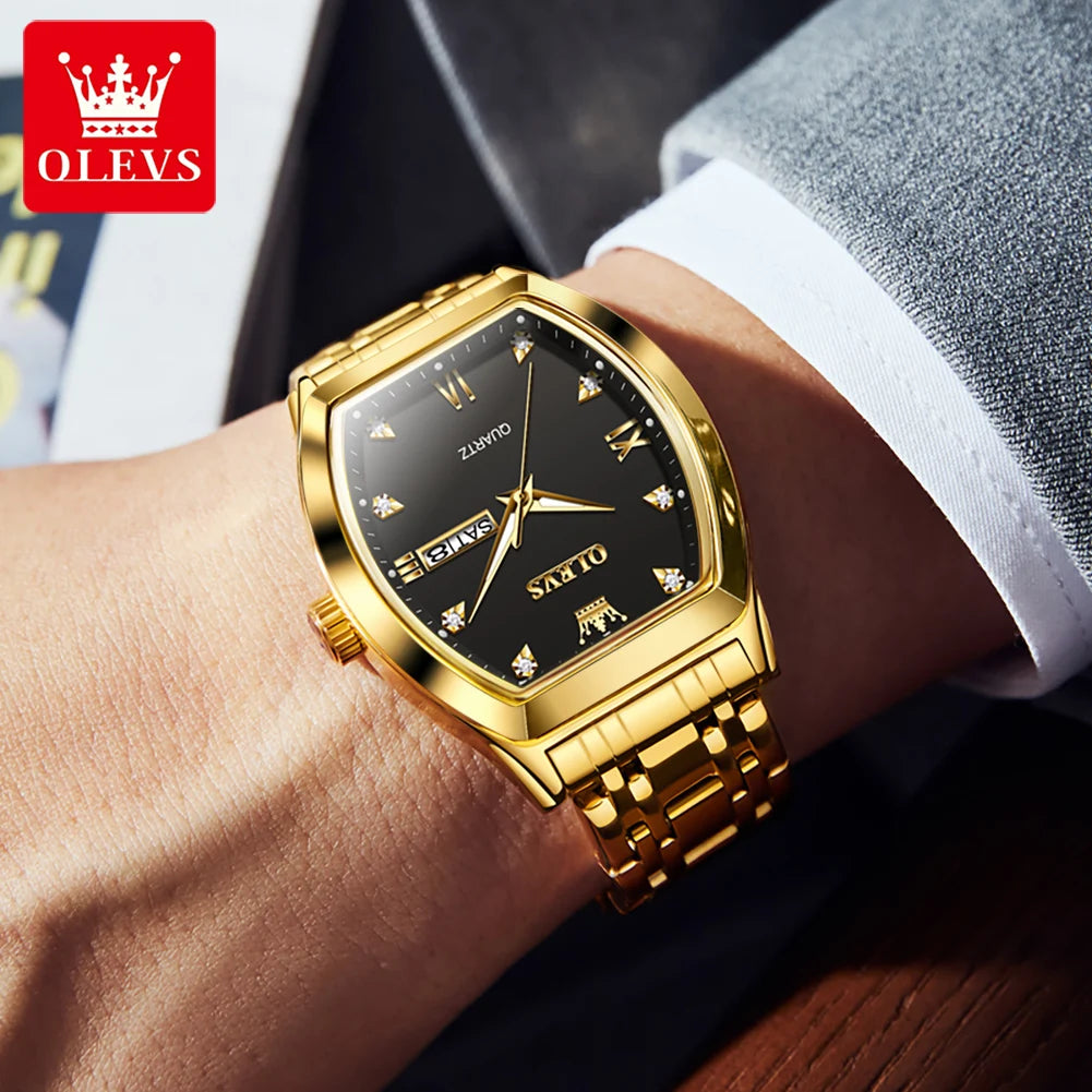 Reloj OLEVS para hombre, de lujo, tipo tonel, original, marca de alta gama, de cuarzo, resistente al agua, luminoso, con día y fecha, reloj de pulsera para caballero