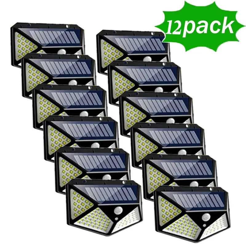 Paquete de 12 lámparas solares de pared de 100 LED con 3 modos, sensor de movimiento de seguridad, luces solares impermeables para exteriores para patio, garaje, terraza y jardín