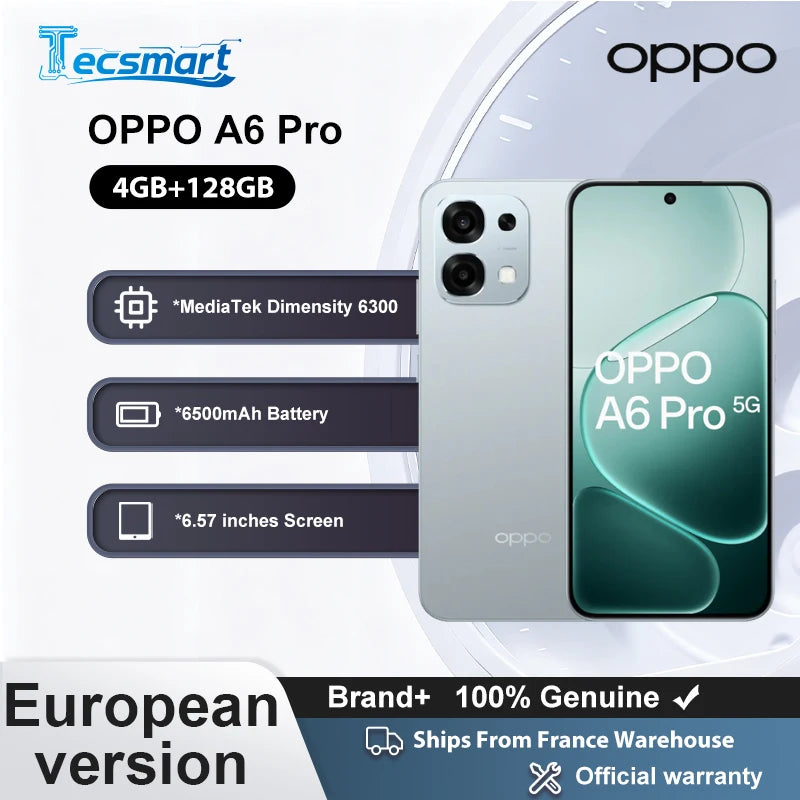 Smartphone - OPPO A6 Pro 5G, 8GB+256GB, versión UE, 6500mAh 80W, MTk Dimensity 6300, pantalla AMOLED ultrabrillante de 120Hz, cámara principal con IA de 50MP IP69