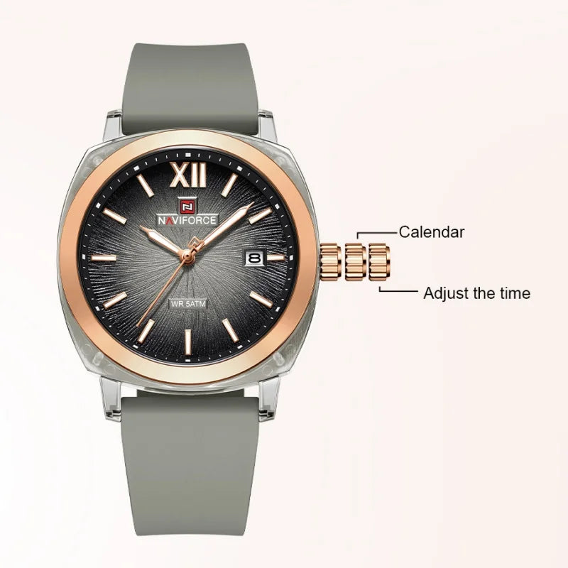 Reloj de cuarzo sencillo para mujer NAVIFORCE, reloj de pulsera informal para dama, con calendario, manecillas luminosas, correa de silicona y resistente al agua 5ATM