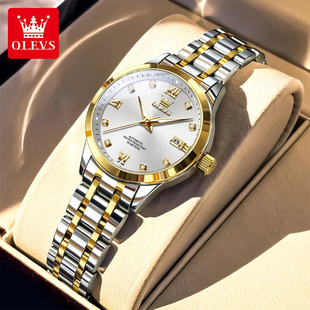 Reloj para mujer OLEVS 9946 de marca reconocida, reloj mecánico con calendario, original, resistente al agua, luminoso, reloj automático para dama