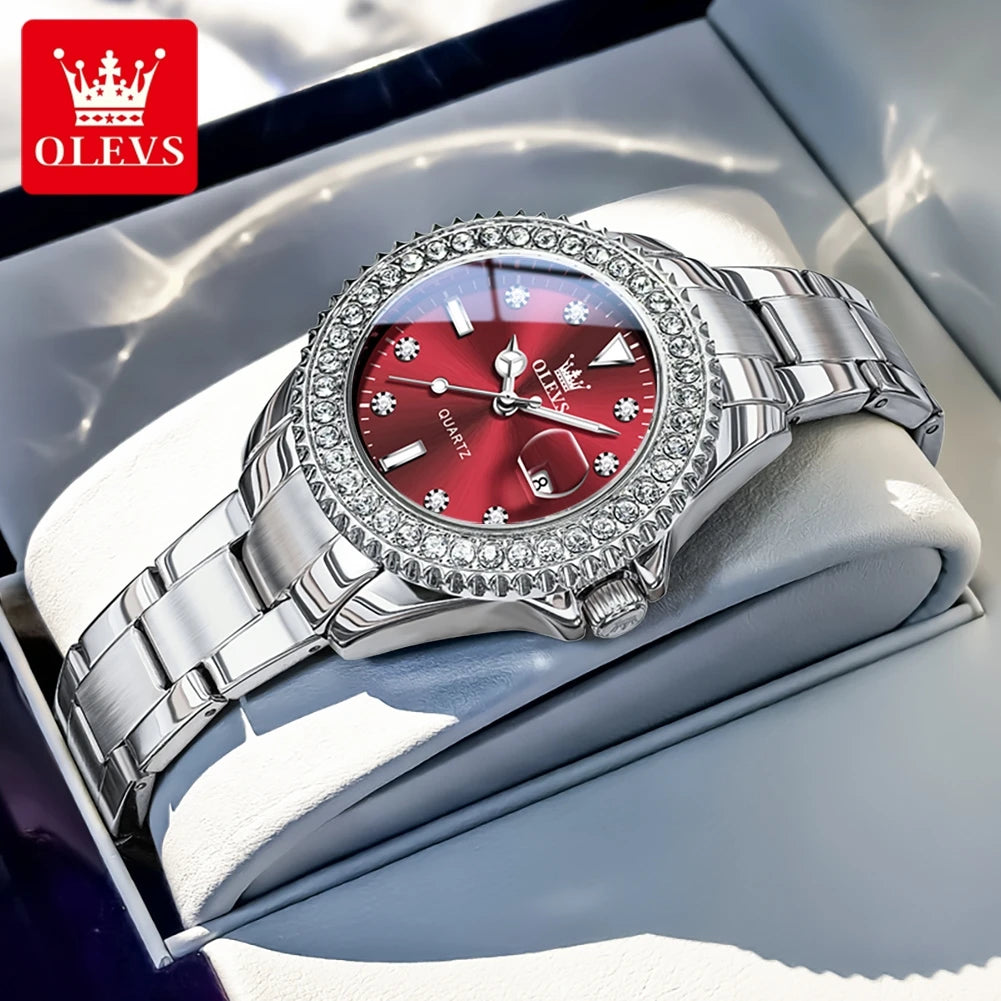 Reloj de pulsera elegante para mujer OLEVS, resistente al agua, con calendario luminoso, reloj de cuarzo para mujer de acero inoxidable, rojo, femenino