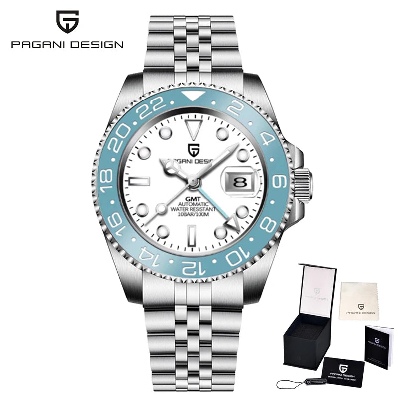 PAGANI DESIGN 40mm Reloj mecánico de lujo para hombre, reloj GMT de acero inoxidable, marca de alta gama, cristal de zafiro, relojes para hombre