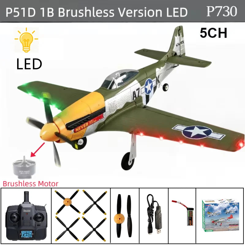 Avión RC 5 canales 3D/6G Ala fija Avión RC P51D Mustang RTF para adultos y principiantes, fácil de volar, motor brushless extraíble, helicóptero de combate