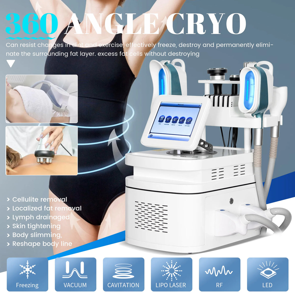 360 °   Reducción de grasa mediante criolipólisis para un contorno corporal eficaz, eliminación de grasa y reducción de la celulitis, utilizando la tecnología de cavitación al vacío.