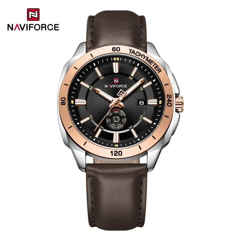 NAVIFORCE 2026 Nuevo Reloj de Hombre, Reloj de Cuarzo con Correa de Cuero, Estilo Casual Deportivo, con Calendario (Día y Fecha), Ideal para Oficina o Regalo para Hombre