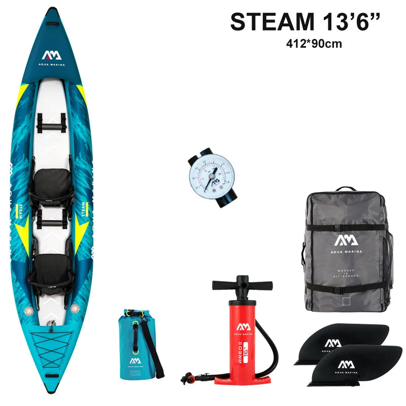 Kayak Inflable AQUA STEAM 312 para 1 Persona, con Piso de Tecnología Drop Stitch, PVC Reforzado 840D, Diseño Aerodinámico, Asiento con Respaldo Alto, Tecnología Deck Shield, para Deportes Acuáticos, Ríos, Lagos, Agua Du