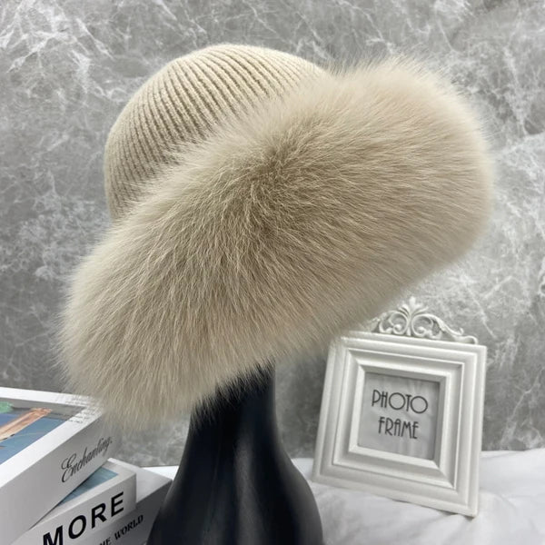 Gorros de piel de zorro peludos y cálidos para exteriores para mujer, piel esponjosa Natural elástica, gran oferta, sombrero de piel auténtica elegante a la moda