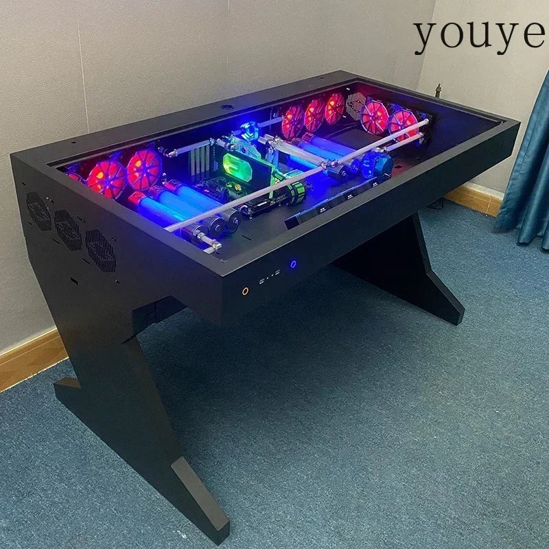 Escritorio para PC negro con panel de vidrio y luces RGB moradas y azules