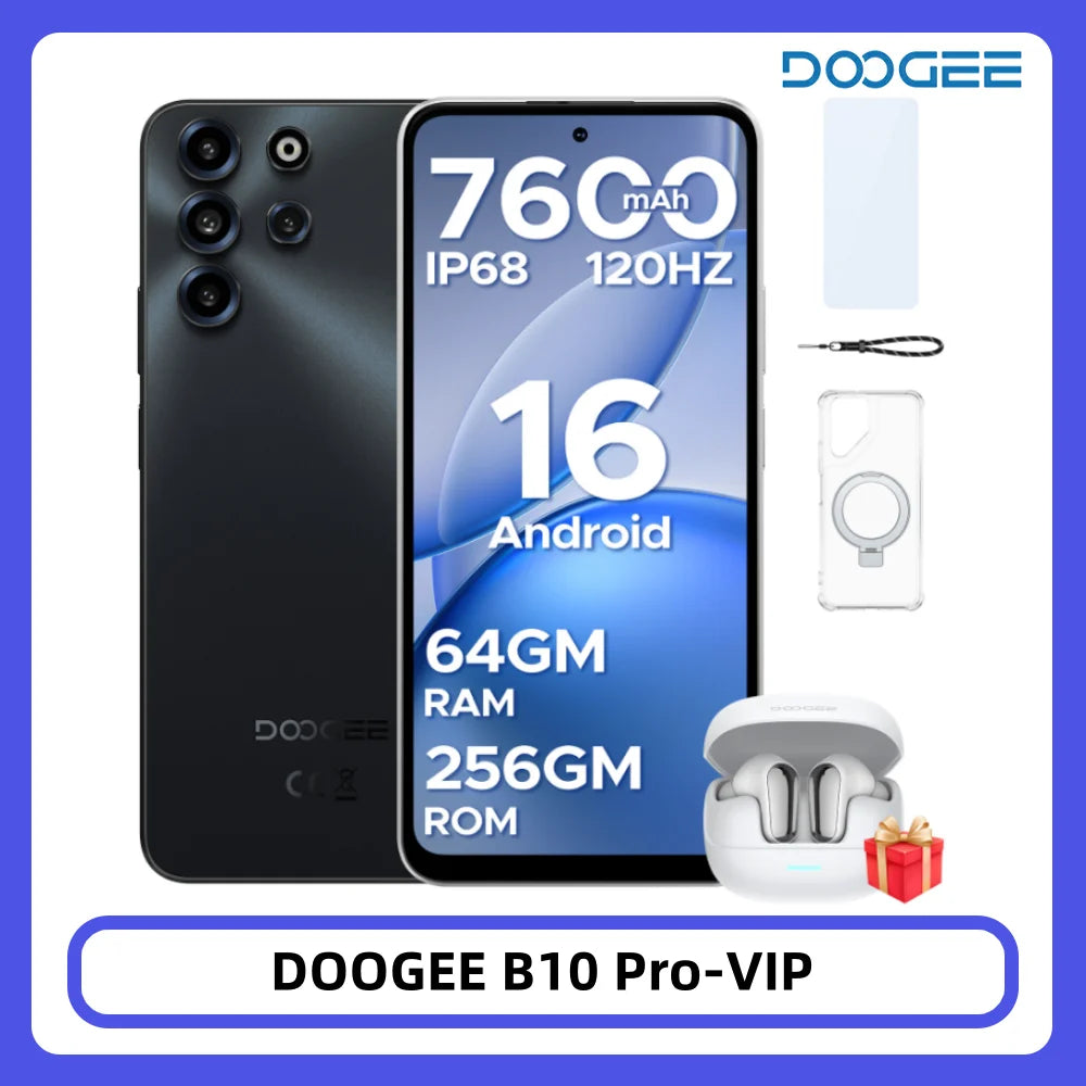Smartphone DOOGEE B10 Pro 64GB+256GB Pantalla FHD de 6,63” 120Hz IP68 Helio G100 Batería 7600mAh Cámara 64MP Android 16 NFC
