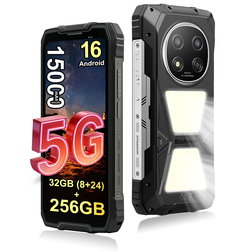 Blackview ROCK 2 Pro 5G Rugged Smartphone,32GB(8+24) RAM+256GB ROM,6.67" IPS 120Hz Display,400lm Camping Light,15000mAh Battery,33W Fast Charge,NFC,Android 16,IP68 IP69K Waterproof Outdoor Phone