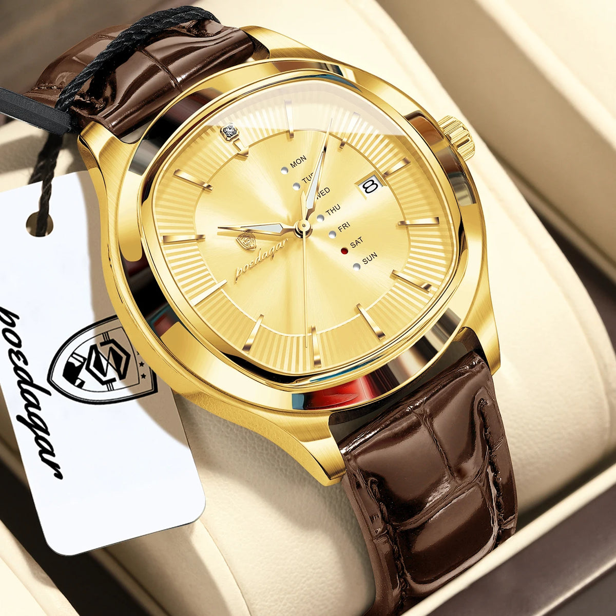 POEDAGAR Fashion Man Clock Waterproof Luminous Date Week Sport Men Wristwatch Leather Business Men's Quartz Watches Reloj Hombre