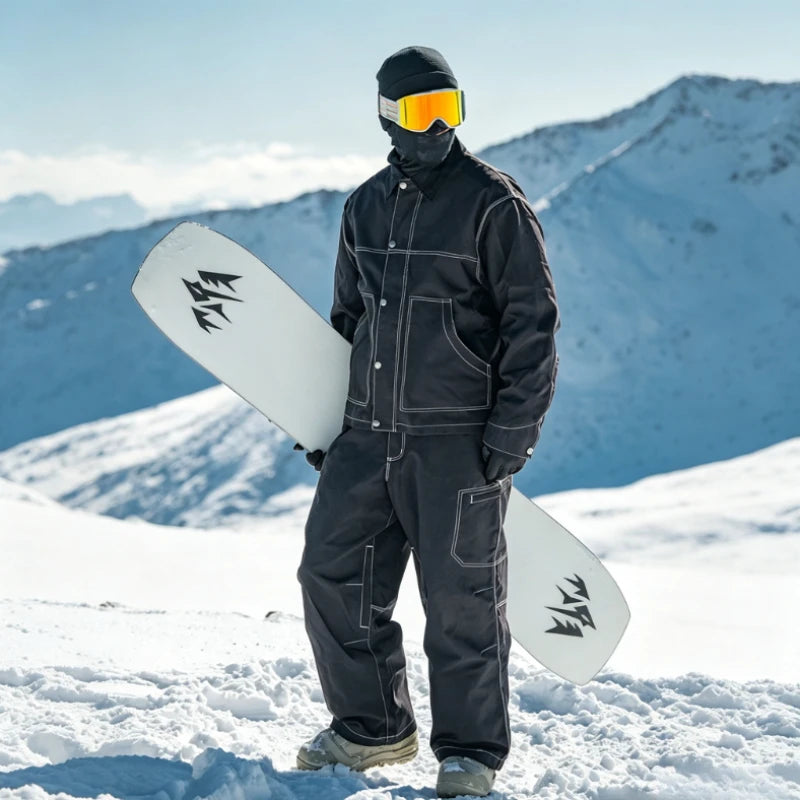 GSOU SNOW Traje de esquí americano holgado, ropa de invierno a prueba de viento, cálida, de talla grande, conjunto de chaqueta y pantalones de snowboard con bloques de color, súper holgado