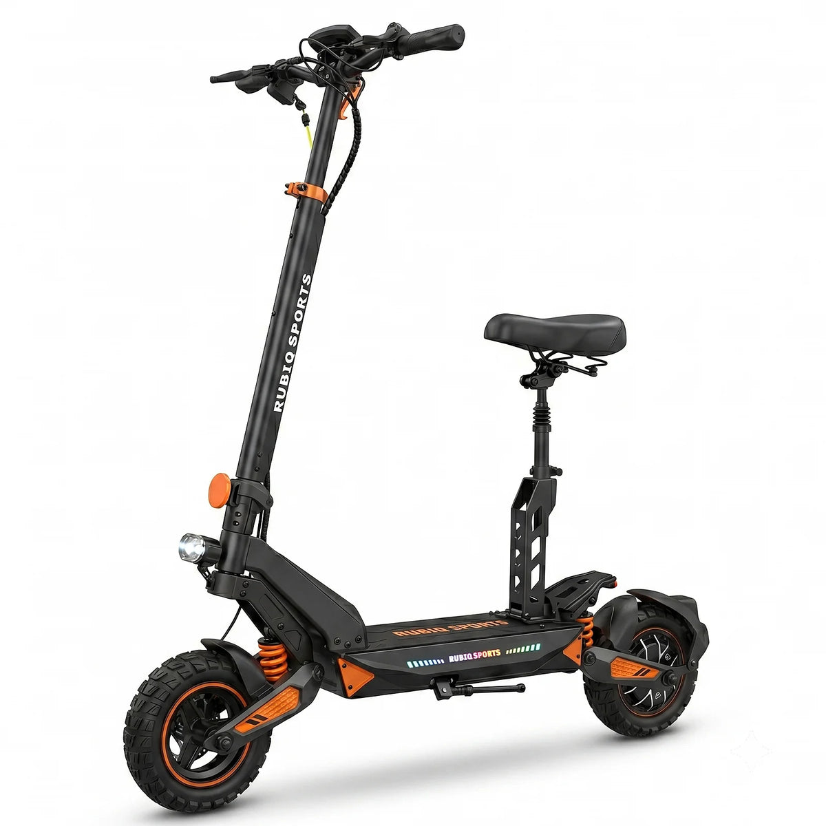Patinete eléctrico negro con asiento y manillar, vista lateral