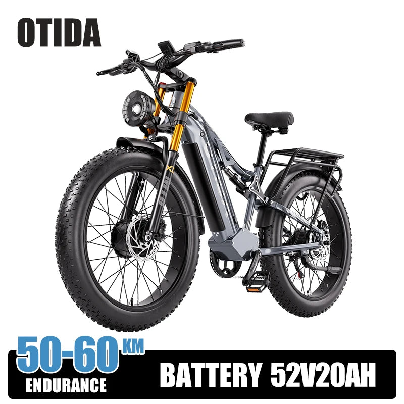 Bicicleta eléctrica potente de doble motor OTIDA S26, batería de 52V20Ah, neumáticos anchos de 26 pulgadas y 4.0, bicicleta eléctrica de montaña MTB para adultos