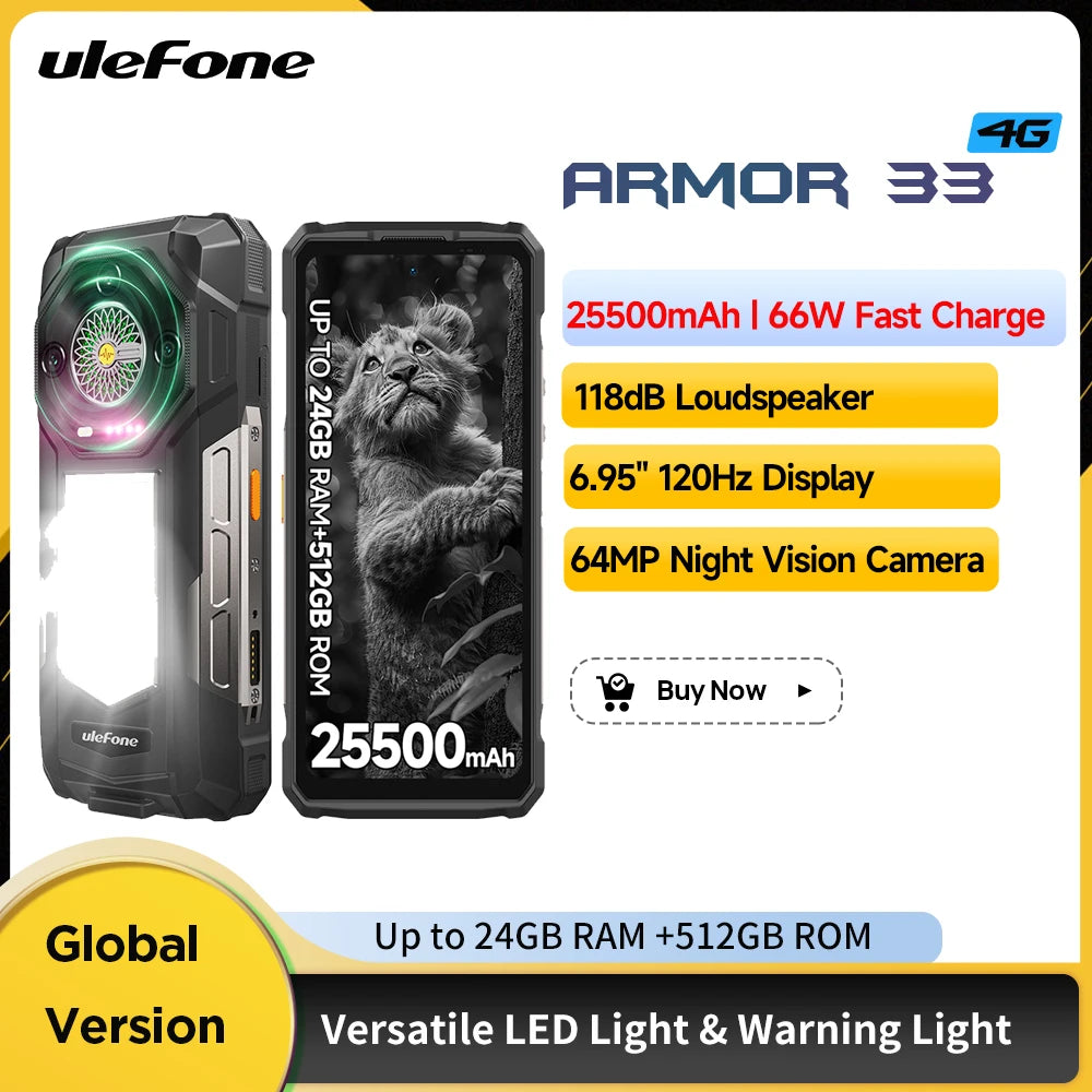 Teléfono inteligente resistente Ulefone Armor 33, Android 15, 24 GB+512 GB, LED versátil, NFC, carga rápida de 66 W, 25500 mAh, altavoz potente, 120 Hz