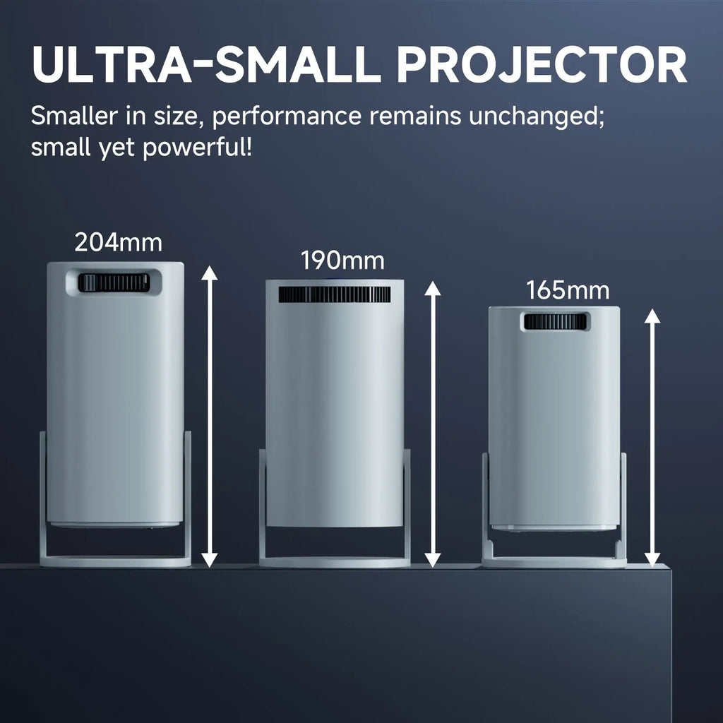 Proyector mini blanco con diagrama de tamaño 204 mm, 190 mm y 165 mm