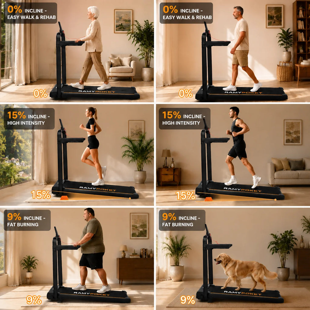 Caminadora plegable Ramypoket con inclinación del 15 %, velocidad máxima de 12 km/h, control mediante aplicación y pantalla LED, caminadora para oficina con capacidad máxima de carga de 150 kg.