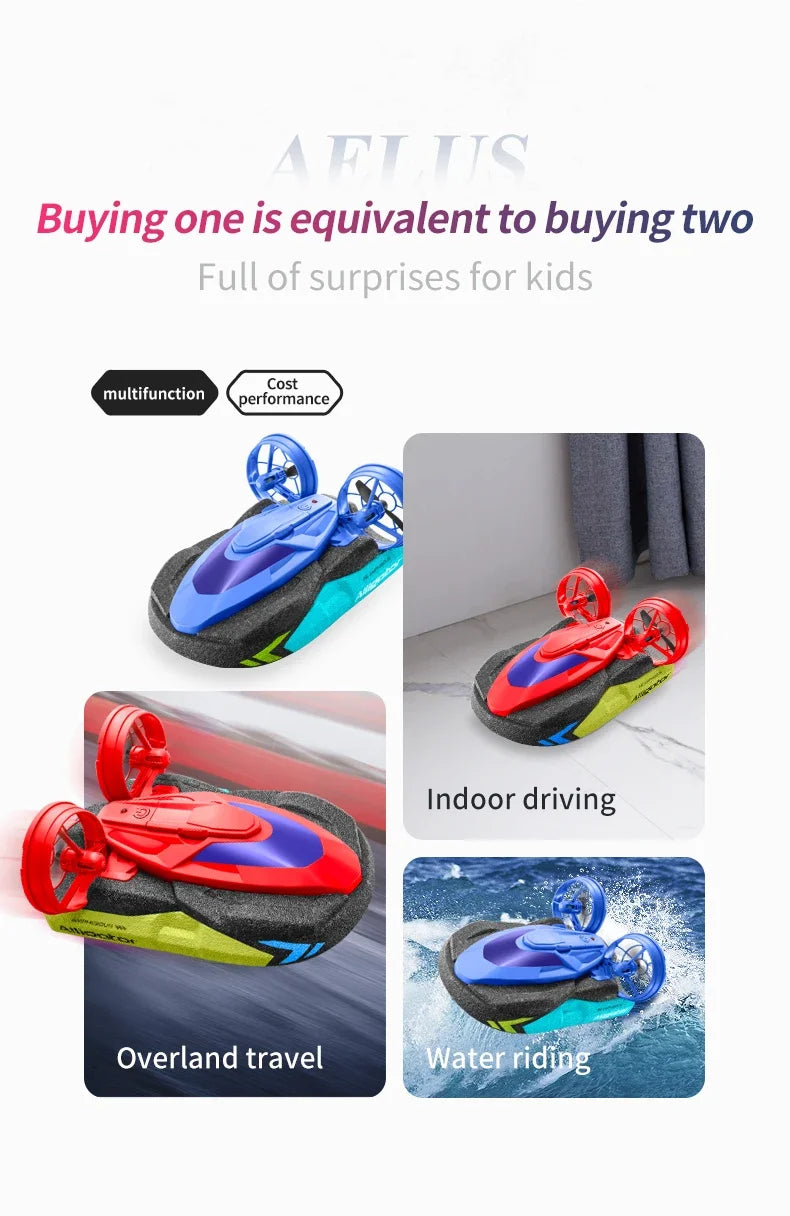 Barco de control remoto 2 en 1 de agua y tierra, aerodeslizador anfibio, 2.4G EPP, rotación de 360°, impermeable, coche RC de alta velocidad, barco aerodeslizador