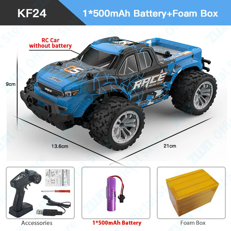 Vehículo RC 2WD azul con ruedas grandes, caja de espuma y batería incluida