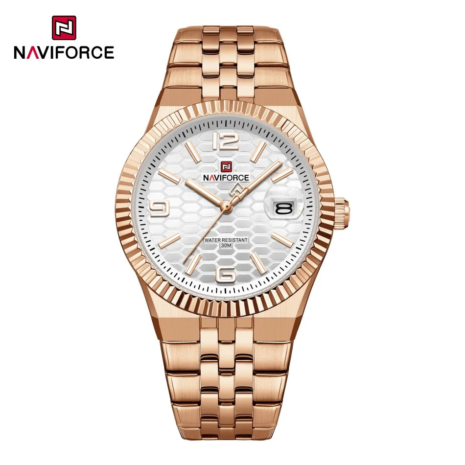 Reloj NAVIFORCE para hombre, de negocios, con esfera redonda, acero inoxidable, textura de panal, fecha, manecillas luminosas, cuarzo resistente al agua