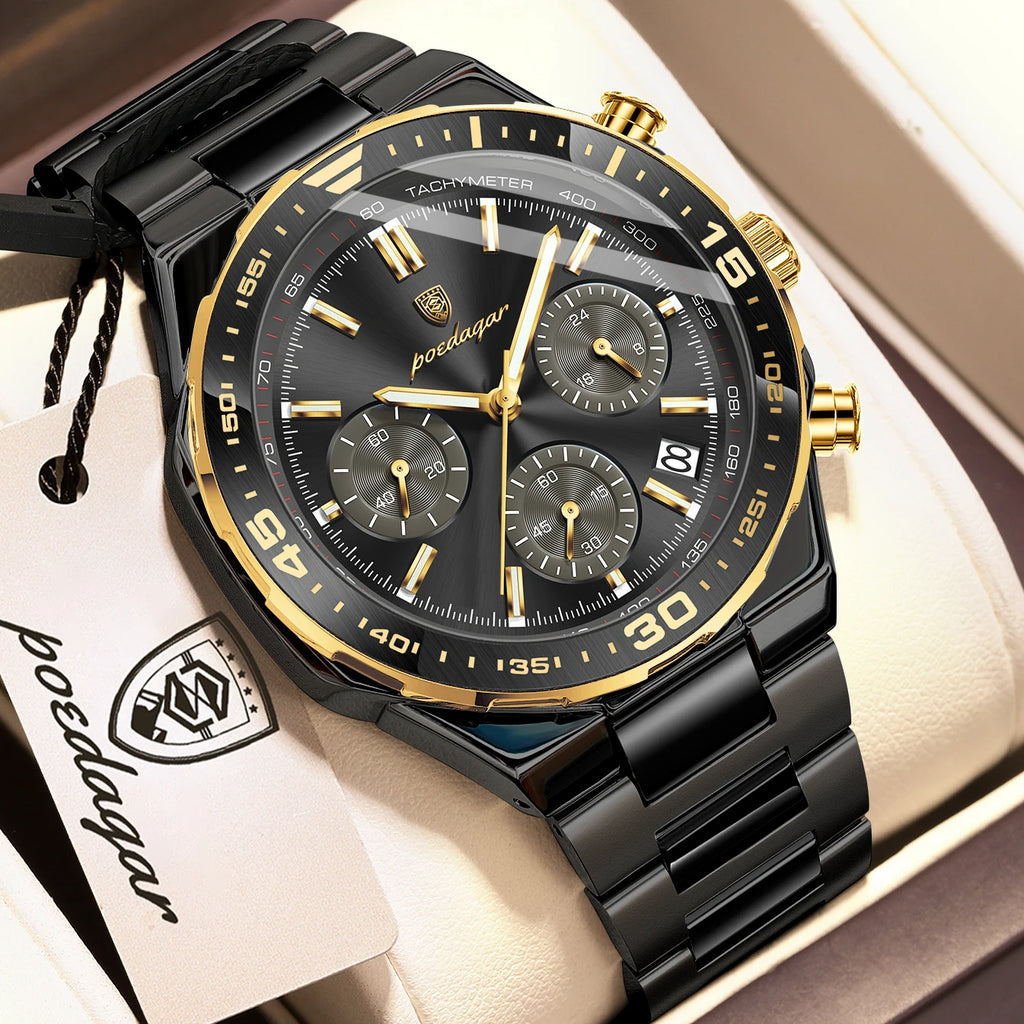 Reloj de cuarzo para hombre POEDAGAR, elegante, casual, luminoso, resistente al agua, de acero inoxidable, con cronógrafo y fecha