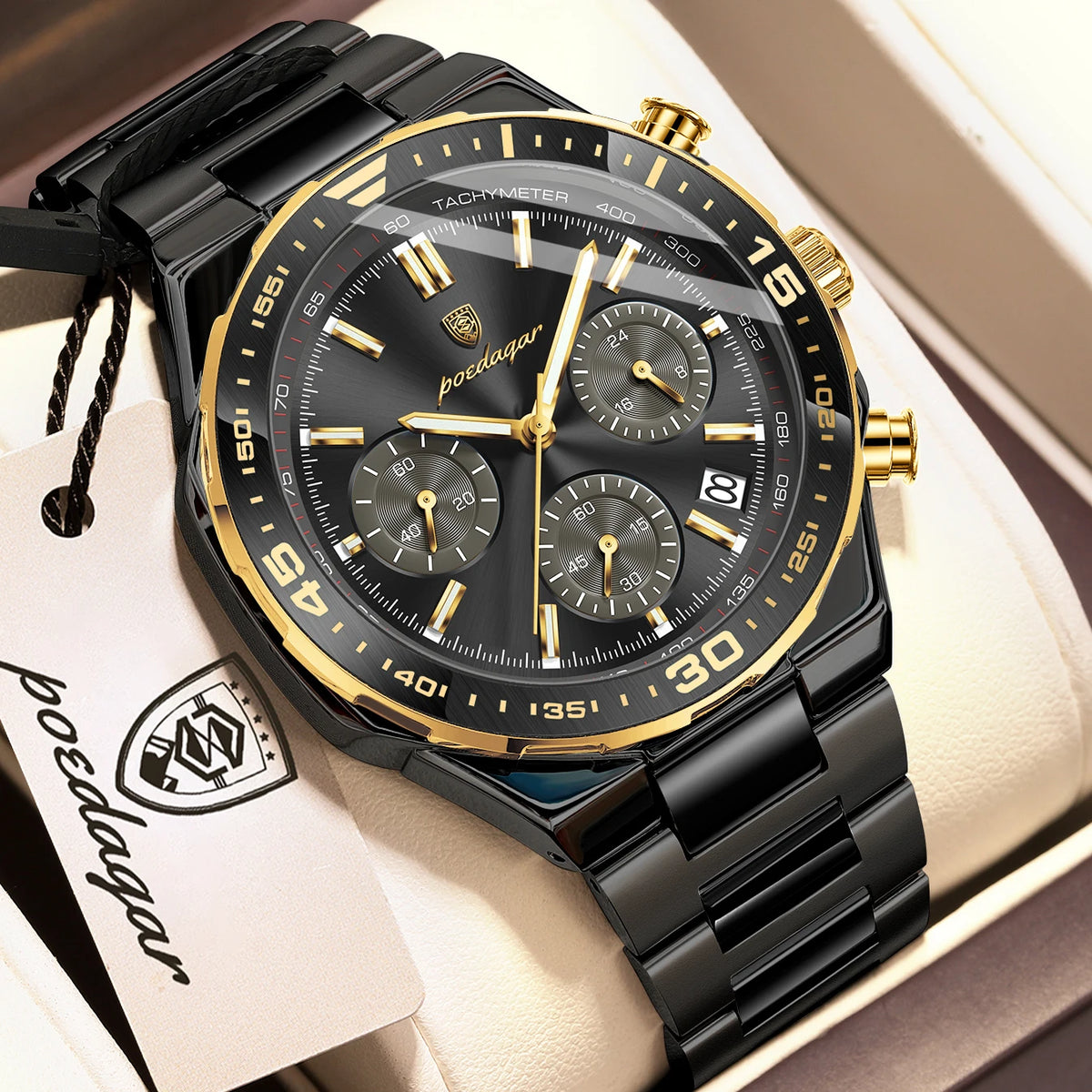 Reloj de cuarzo para hombre POEDAGAR, elegante, casual, luminoso, resistente al agua, de acero inoxidable, con cronógrafo y fecha