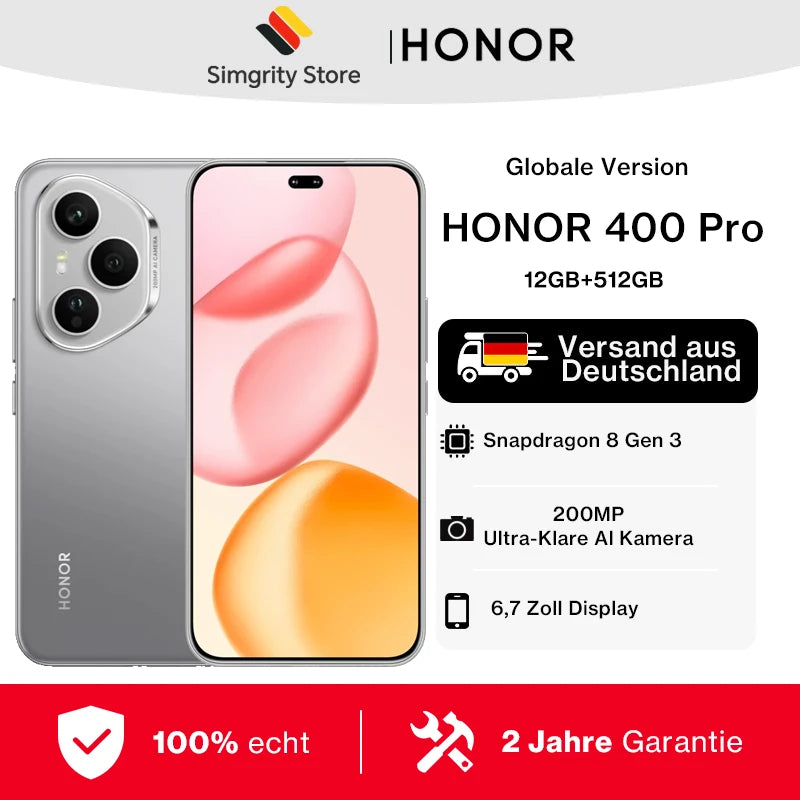 Smartphone HONOR 400 Pro versión global, 5G, Android 15, Snapdragon 8 Gen 3, pantalla AMOLED de 6,7 pulgadas, cámara con IA de 200 MP