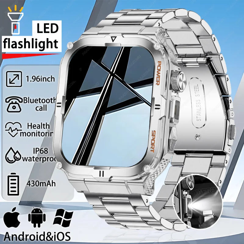 Reloj inteligente para hombre 2026, linterna LED, resistente al agua IP68, reloj deportivo para exteriores, monitoreo de salud, rastreador de actividad física para iOS y Android
