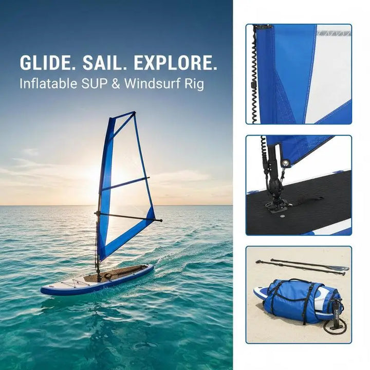 Kit de SUP Inflable con Vela Azul y Blanca, Tabla de Paddle Surf para Lago, Río, Mar, Deportes Acuáticos al Aire Libre, Windsurf, Aventura Familiar, Playa, Camping, Náutica, Ocio, Adultos, Principiantes, Viajes