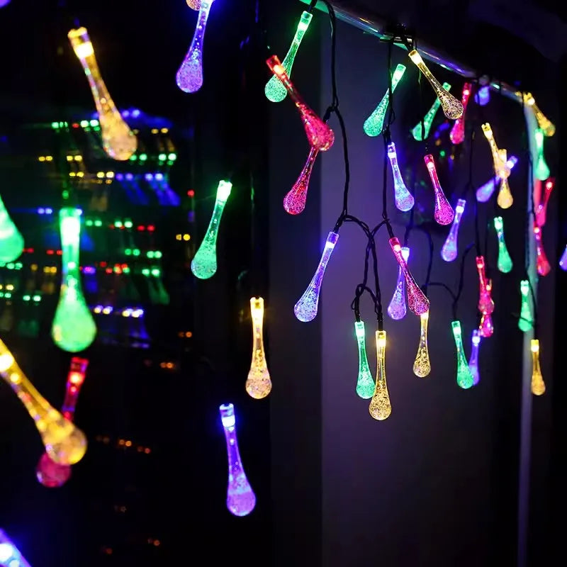 Guirnalda de luces solares con forma de gotas de agua de 5-12 m, luces decorativas impermeables para exteriores, luces de hadas para Navidad, bodas, fiestas y jardines