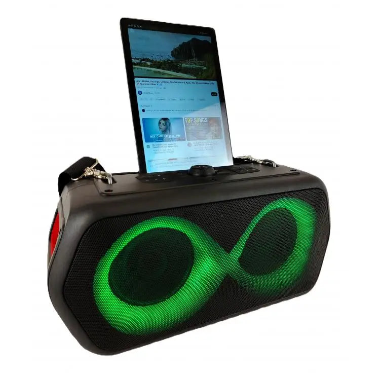 Altavoz inalámbrico para fiestas Majestic Fire 39 Bk 320W, IPX4, correa para el hombro, luces LED, refuerzo de graves, entrada para guitarra y micrófono, USB-C