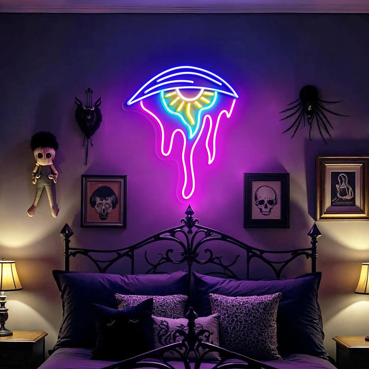 Letrero de neón ojo surrealista, contorno azul y lágrimas magenta, ojo verde-amarillo