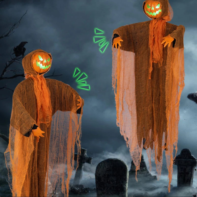 Decoración de Halloween: Calabaza Demonio Luminosa, Espantapájaros Colgante, Calabaza con Cabeza Giratoria, Decoración de Terror para el Hogar y Jardín