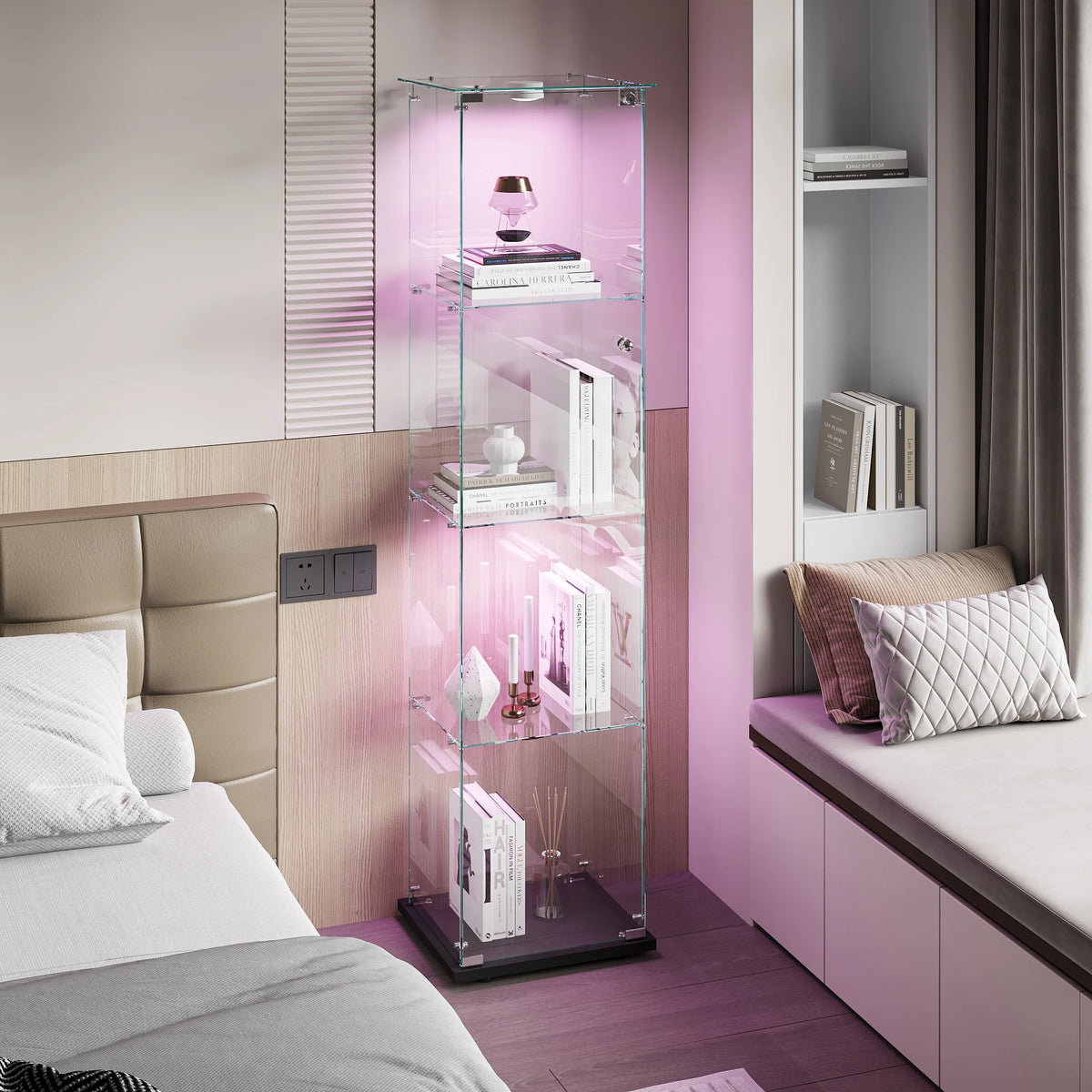Vitrina de cristal con luces LED, vitrina de exhibición con 4 estantes de cristal y puertas con cerradura, vitrina moderna para coleccionables, libros, figuras, sala de estar, 163 X 80.6 X 36.5 CM