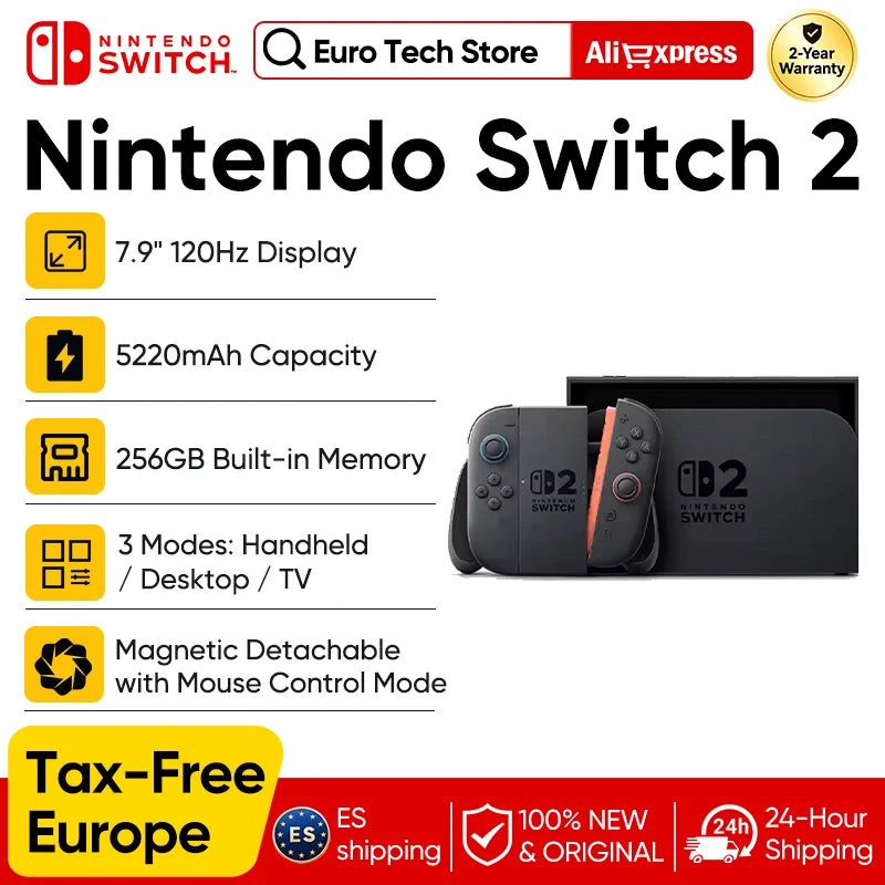 Nuevo Nintendo Switch 2, estreno mundial, pantalla de 7.9'', mango Joy‑Con, audio mejorado, compatible con versiones anteriores, tres modos