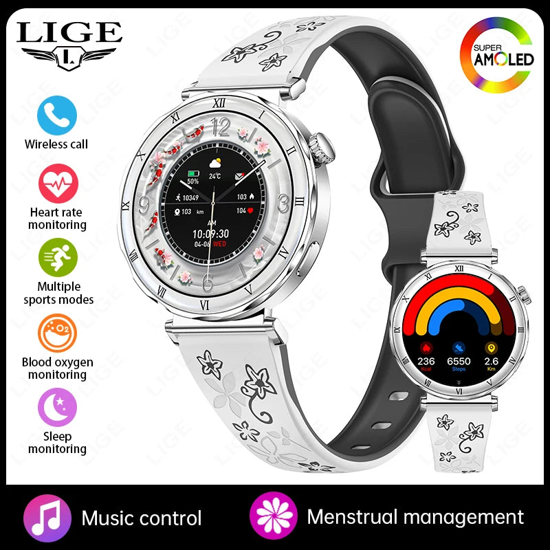 Reloj inteligente LIGE con pantalla AMOLED HD ultra delgada de 1.19", rastreador de ejercicios, llamadas Bluetooth, monitor de frecuencia cardíaca y resistente al agua para mujeres