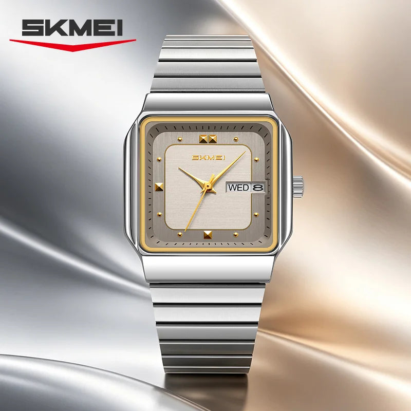 SKMEI 9414 Reloj de cuarzo para hombre con esfera cuadrada sencilla, calendario, semana y correa de acero inoxidable, reloj de negocios impermeable para hombre
