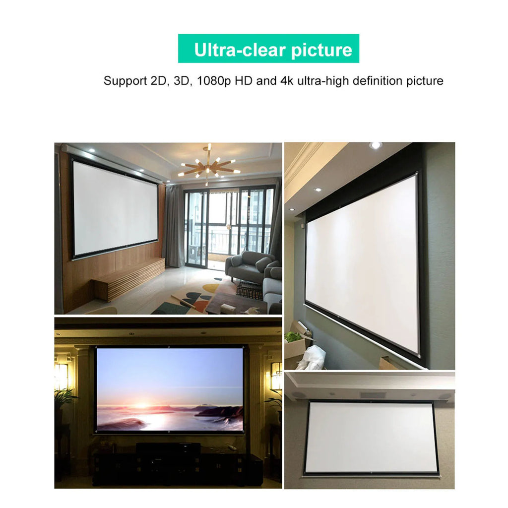 Pantalla de proyector de pared con cortina blanca y marco negro, vista panorámica