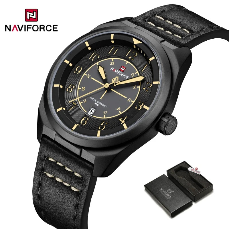 Reloj de pulsera NAVIFORCE para hombre, de cuarzo, elegante, con fecha automática, resistente al agua, de cuero genuino, para negocios, diseño único.